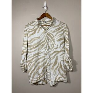 JOHN MARK Zebra Print Linen Cotton Blend Button Up Shirt Tunic Top Women MEDIUM